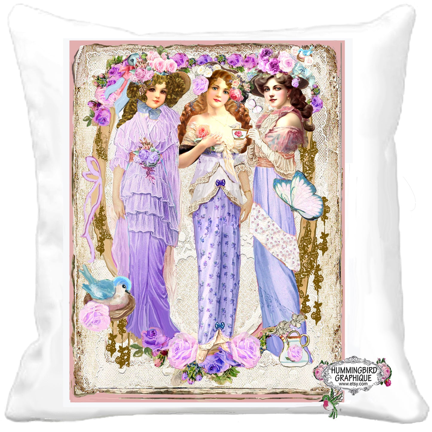 #1207 ELEGANT VICTORIAN LADIES TEATIME IN LAVENDER WITH ROSES AND BLUEBIRD - BEAUTIFUL SHABBY IMAGE