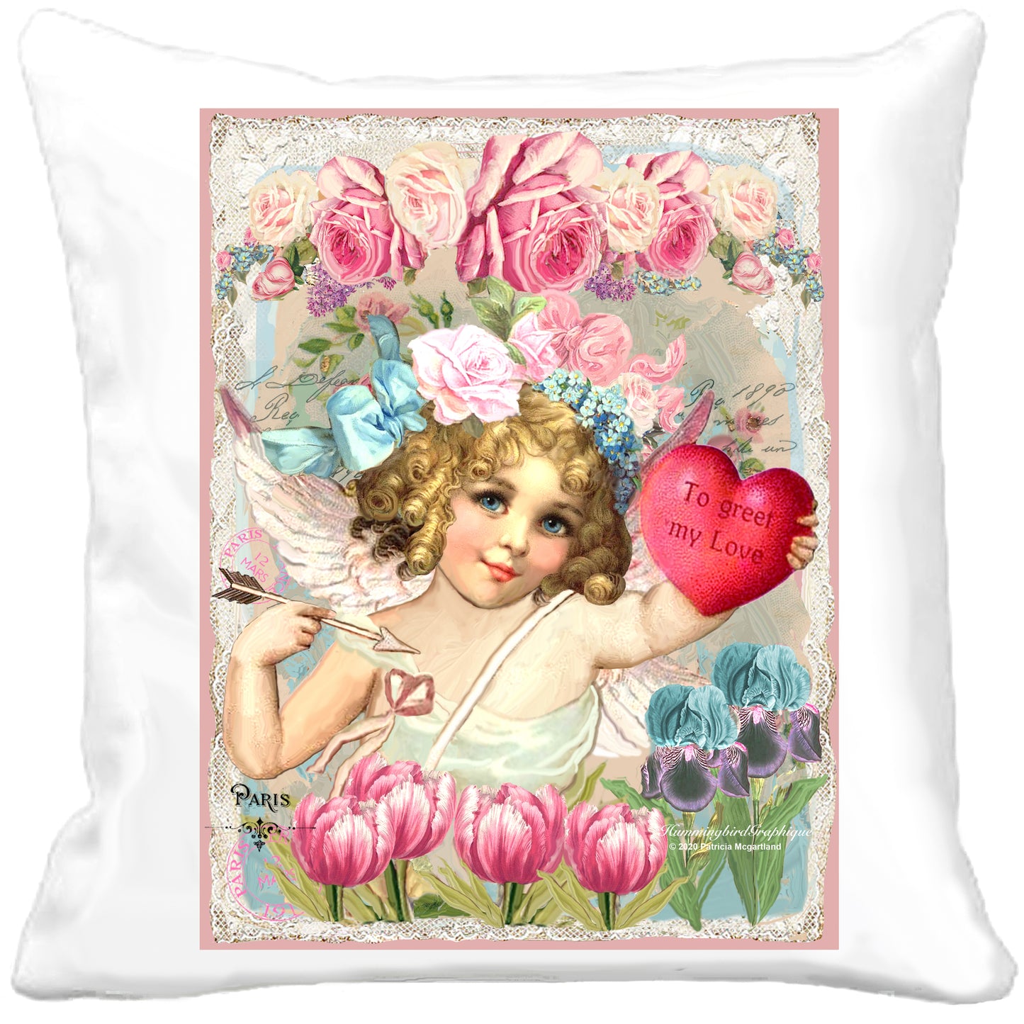 #597 BEAUTIFUL CHERUB VALENTINE WITH BOW ARROW TULIP IRIS - BEAUTIFUL SHABBY IMAGE