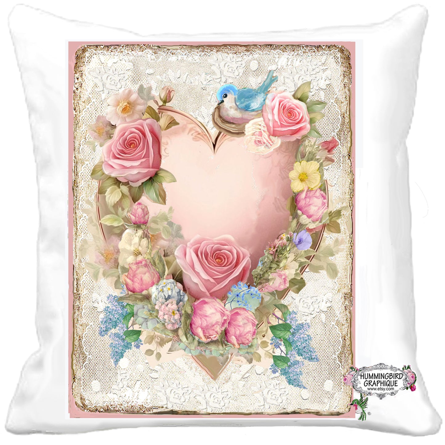 #1231 BEAUTIFUL LACE HEART VALENTINE WITH BLUEBIRD AND NEST - BEAUTIFUL SHABBY IMAGE