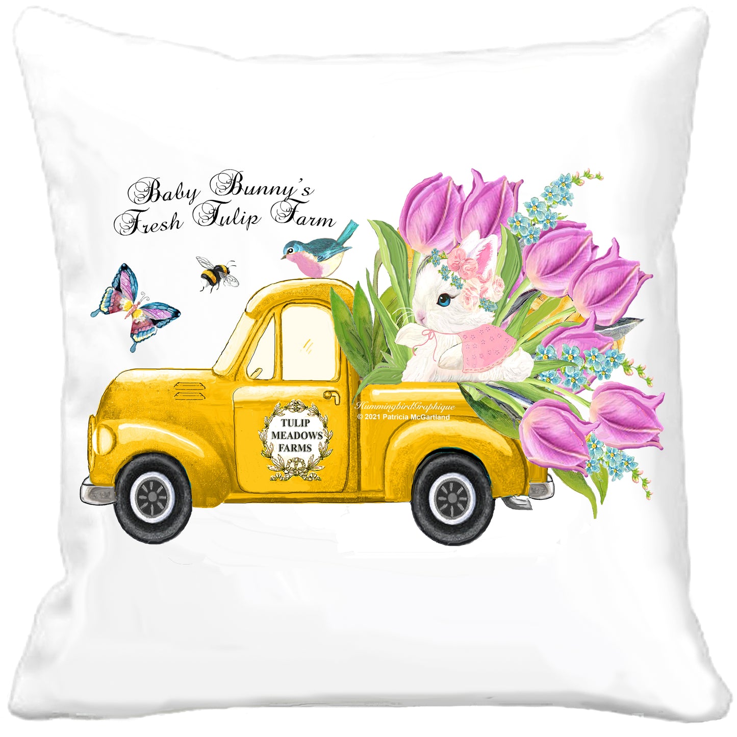 #1001 CAMION DE FERME PRÉCIEUX BÉBÉ LAPIN AVEC TULIPES BLUEBIRD PAPILLON ET ABEILLE - IMAGE DE CAMPAGNE