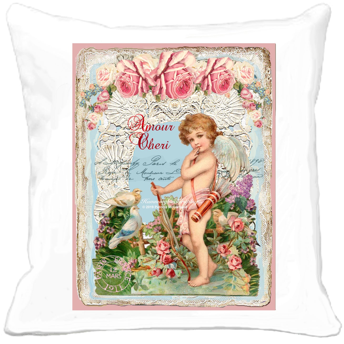 #426 ENCHANTING CHERUB VALENTINE WITH CUPID BOW AND DOVES - BEAUTIFUL SHABBY IMAGE