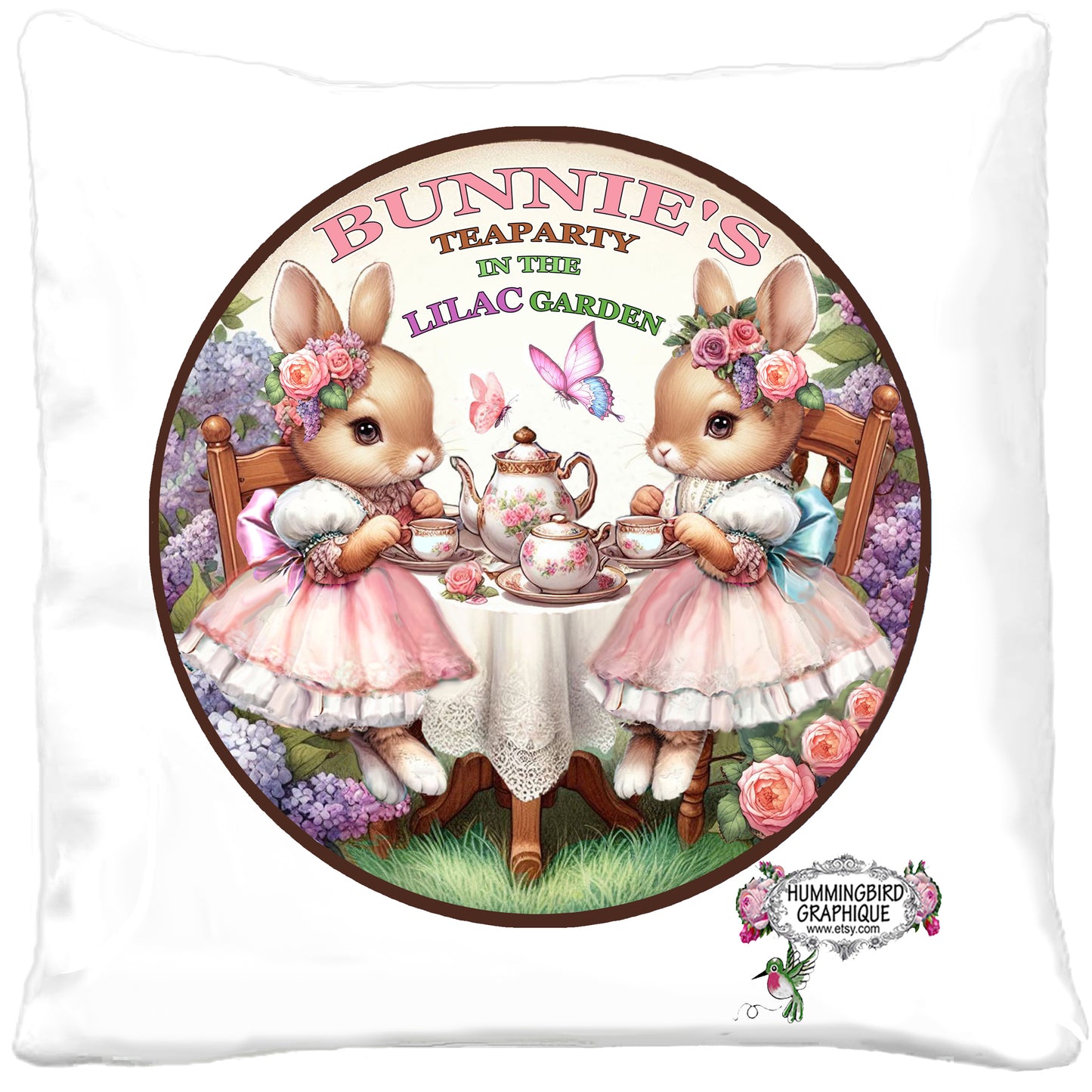 #1238 ACCROCHE-PORTE BUNNIES TEAPARTY DANS LE JARDIN DES LILAS - ACCROCHE-PORTE CERCLE