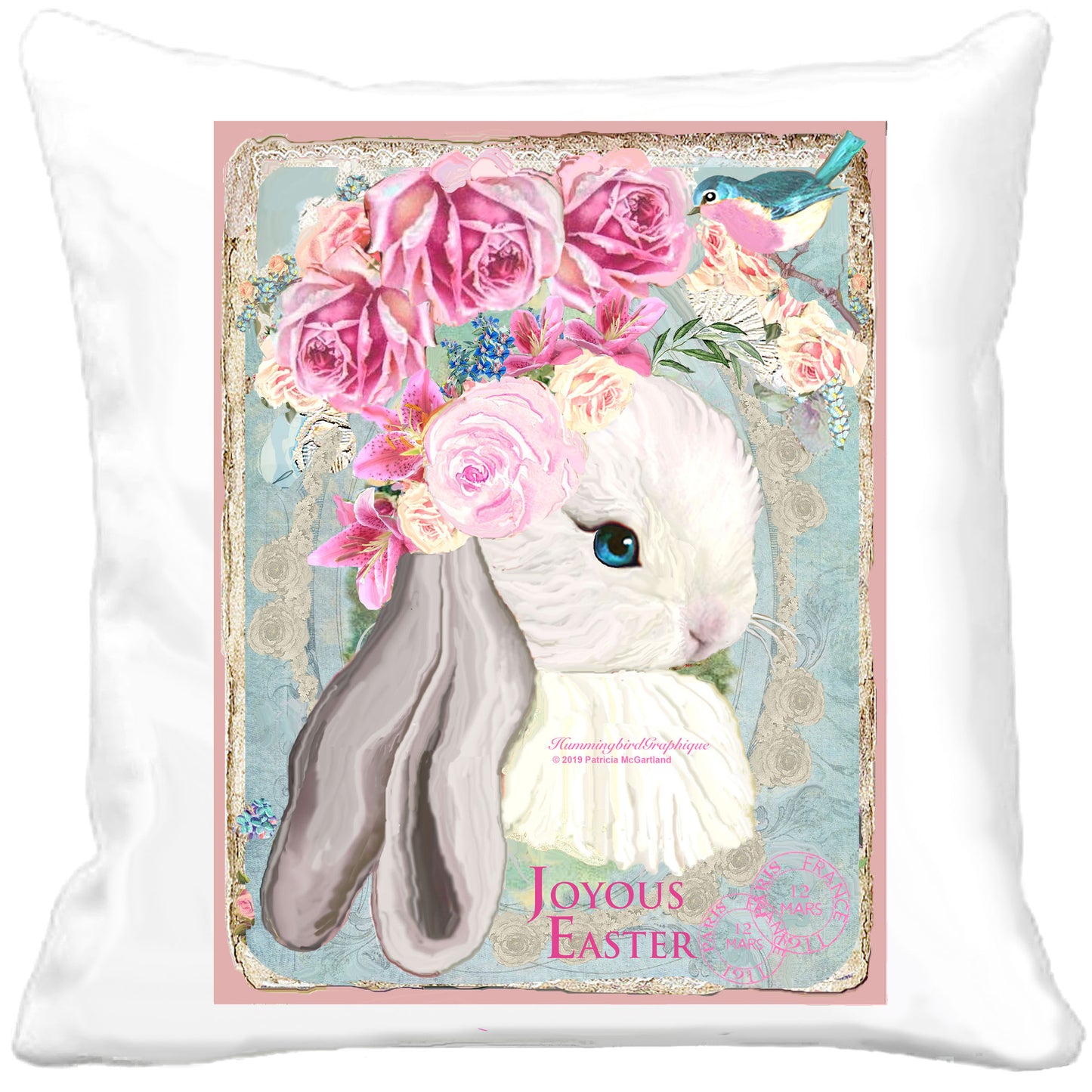 #448 BABY BUNNY WITH PINK ROSES AND BLUEBIRD - BEAUTIFUL SHABBY IMAGE