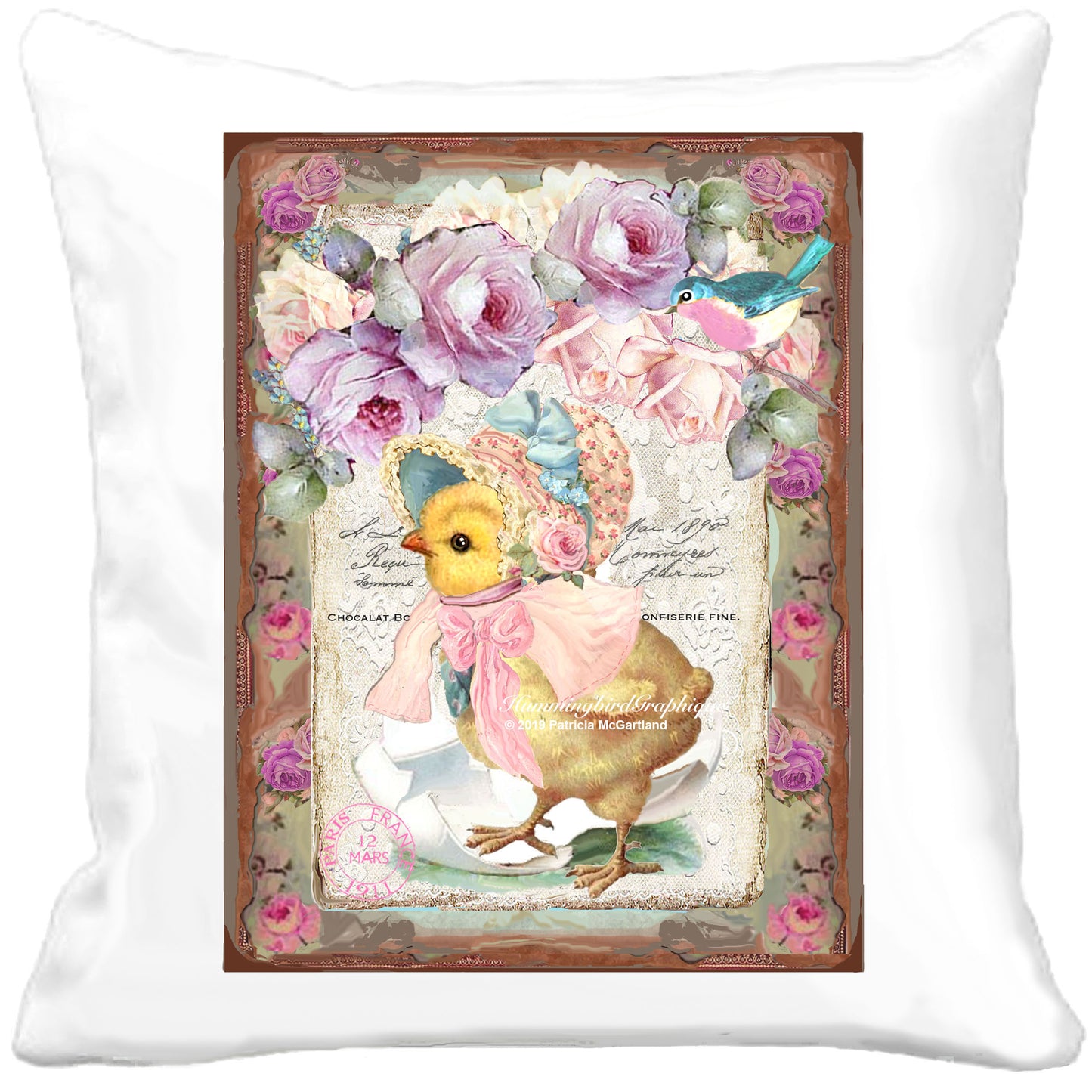 #444 PRECIOUS CHICK HATCHING FROM EGG WITH BONNET CAPE AND ROSES - BEAUTIFUL SHABBY IMAGE