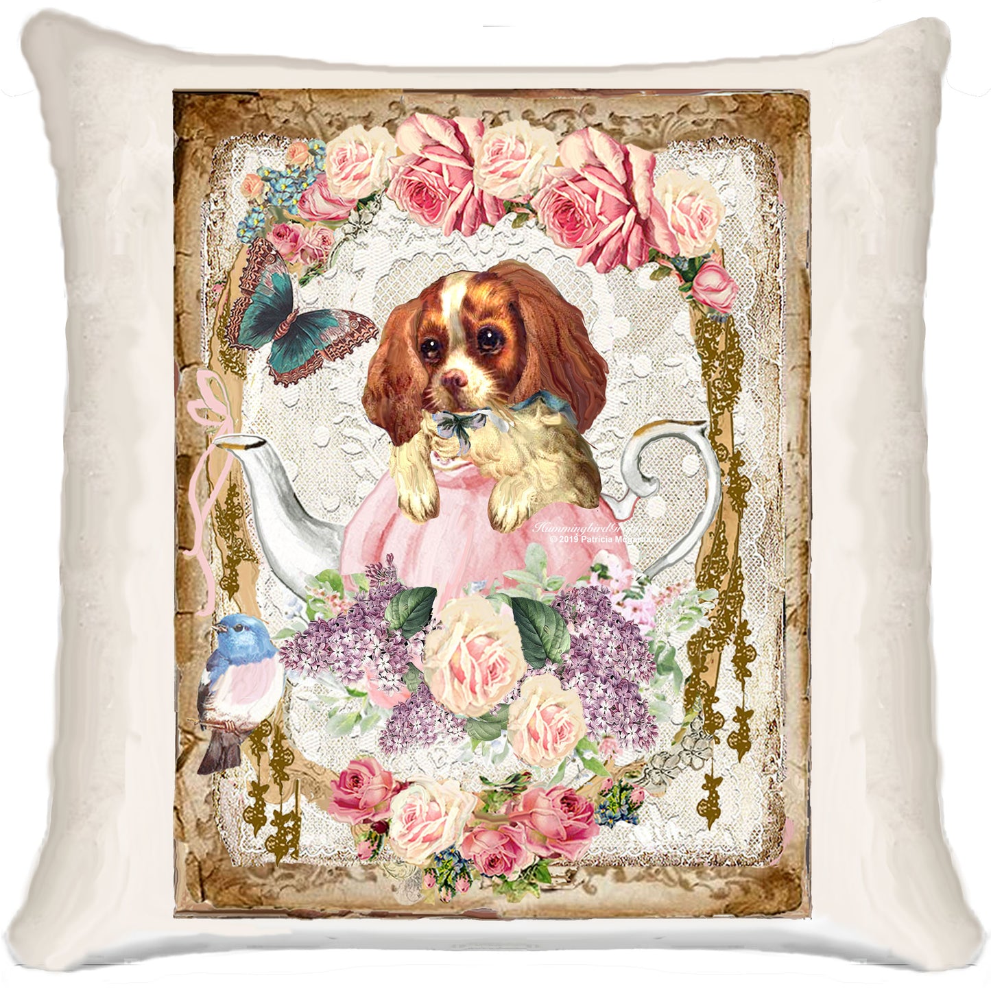 #556 CHARMANTE THÉIÈRE VICTORIENNE ROSE AVEC CHIOT ET ROSES - BELLE IMAGE SHABBY