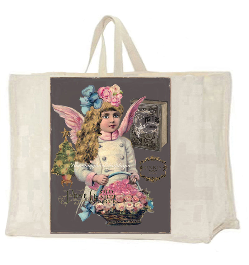 #69 CHALKBOARD BEAUTIFUL ANGEL WITH BASKET OF ROSES AND CHRISTMAS BOOK - BEAUTIFUL SHABBY IMAGE