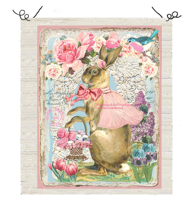 #439 BEAUTIFUL RABBIT WITH PINK CAPE EASTER BASKET AND BLUEBIRD - COUNTRY IMAGE
