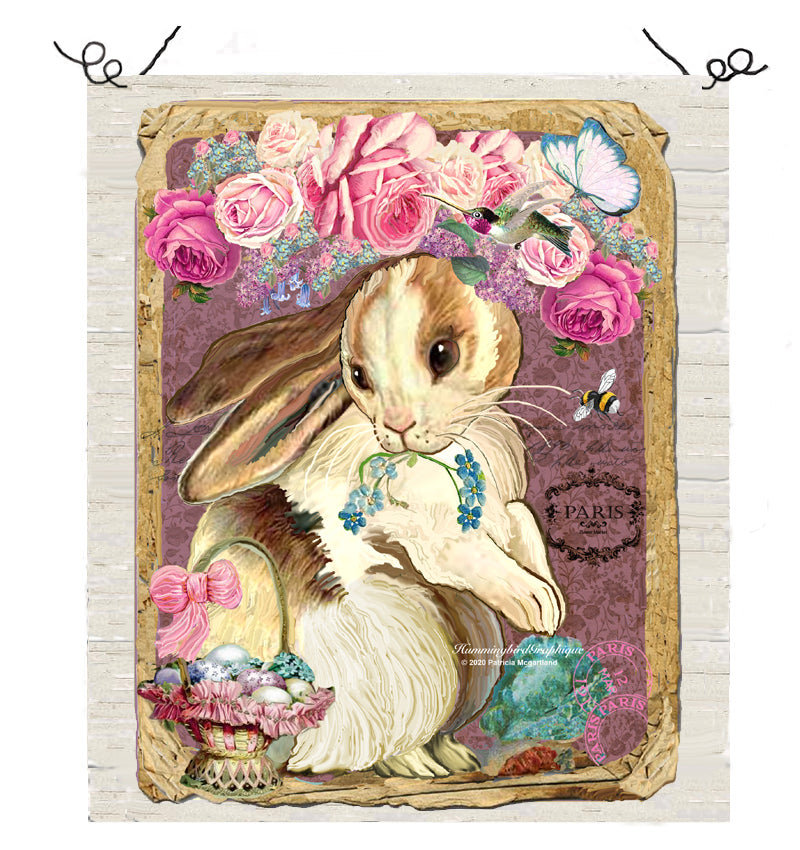 #598 BEAU LAPIN AVEC PANIER DE PÂQUES ROSES ET COLIBRI - LAPINS