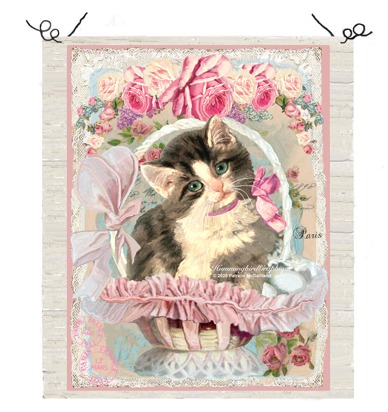 #591 BEAUTIFUL KITTEN IN BASKET WITH ROSES- BEAUTIFUL SHABBY IMAGE