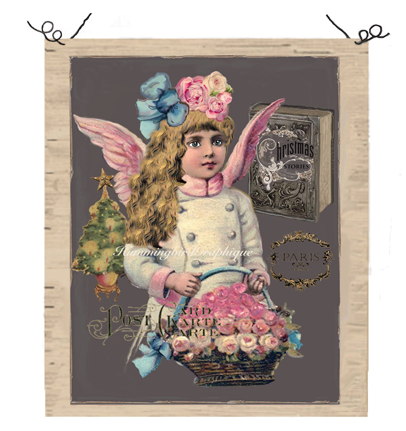 #69 CHALKBOARD BEAUTIFUL ANGEL WITH BASKET OF ROSES AND CHRISTMAS BOOK - BEAUTIFUL SHABBY IMAGE