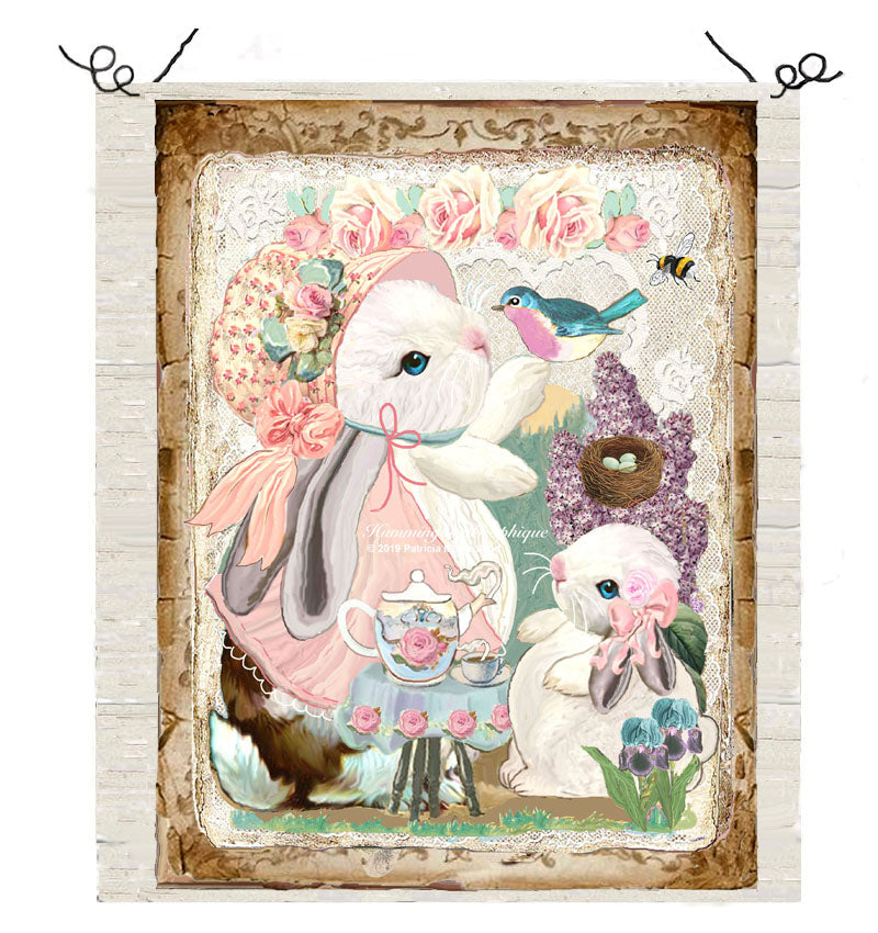 #573 MOTHER AND BABY BUNNY IN THE LILAC GARDEN TEA TIME- BEAUTIFUL SHABBY IMAGE