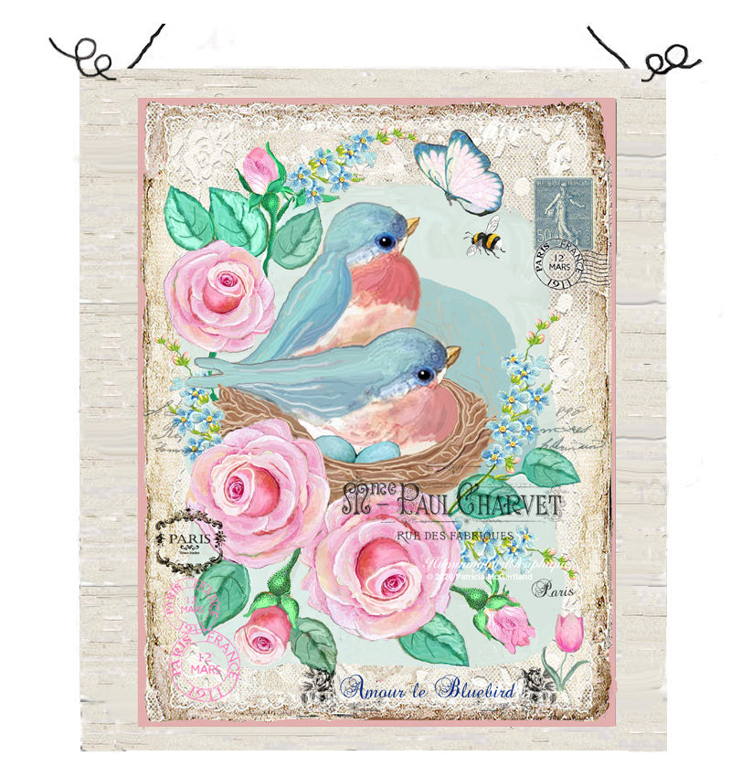 #617 BEAUTIFUL BLUEBIRDS IN NEST WITH ROSES AND BEE - BEAUTIFUL SHABBY IMAGE
