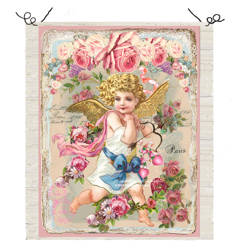 #589 BEAUTIFUL CUPID GIRL WITH BOW ARROW AND ROSES - BEAUTIFUL SHABBY IMAGE