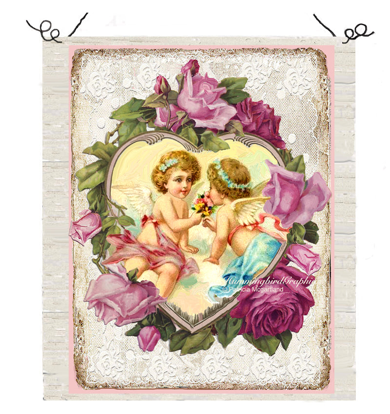 #582 CHARMING CUPIDS IN HEART WITH ROSES - BEAUTIFUL SHABBY IMAGE