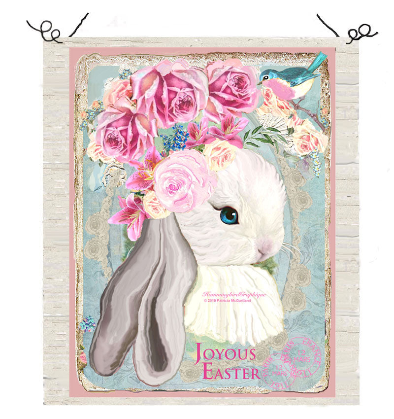 #448 BABY BUNNY WITH PINK ROSES AND BLUEBIRD - BEAUTIFUL SHABBY IMAGE