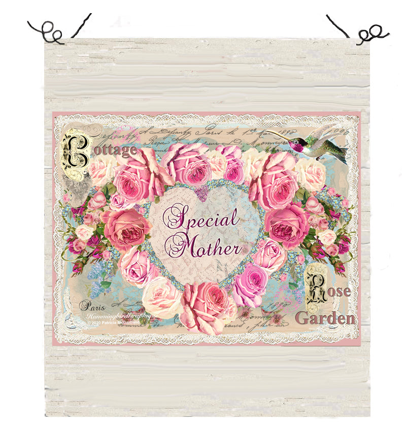 #600 BEAUTIFUL VALENTINE COTTAGE ROSE GARDEN HEART OF ROSES AND HUMMINGBIRD - BEAUTIFUL SHABBY IMAGE