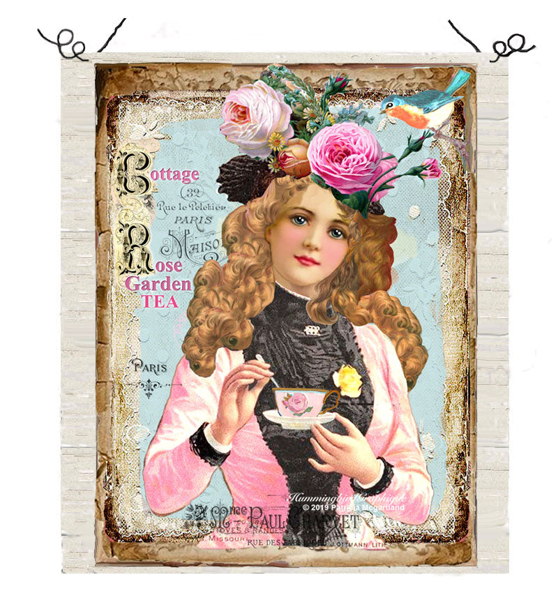 #555 BEAUTIFUL VICTORIAN COTTAGE ROSE GARDEN TEA LADY- BEAUTIFUL SHABBY IMAGE