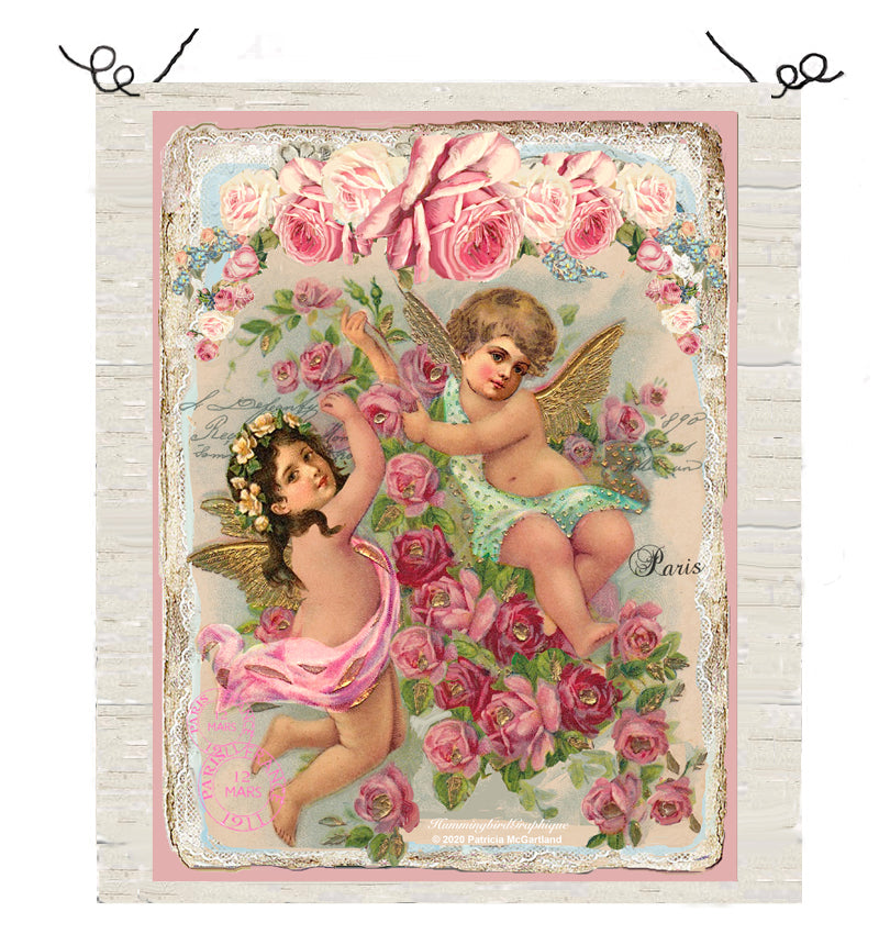 #588 BEAUTIFUL CUPID AND CASCADING ROSES - BEAUTIFUL SHABBY IMAGE