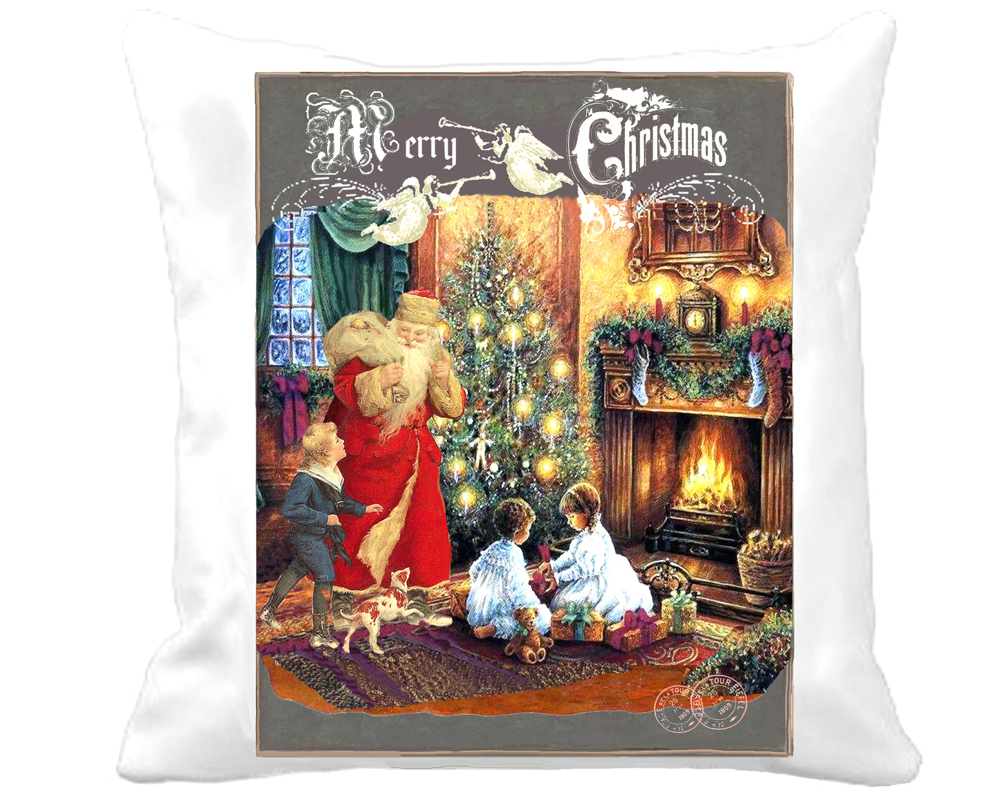 #108 MERRY CHRISTMAS SANTA WITH CHILDREN AND PUPPY AROUND THE FIREPLACE - CHRISTMAS