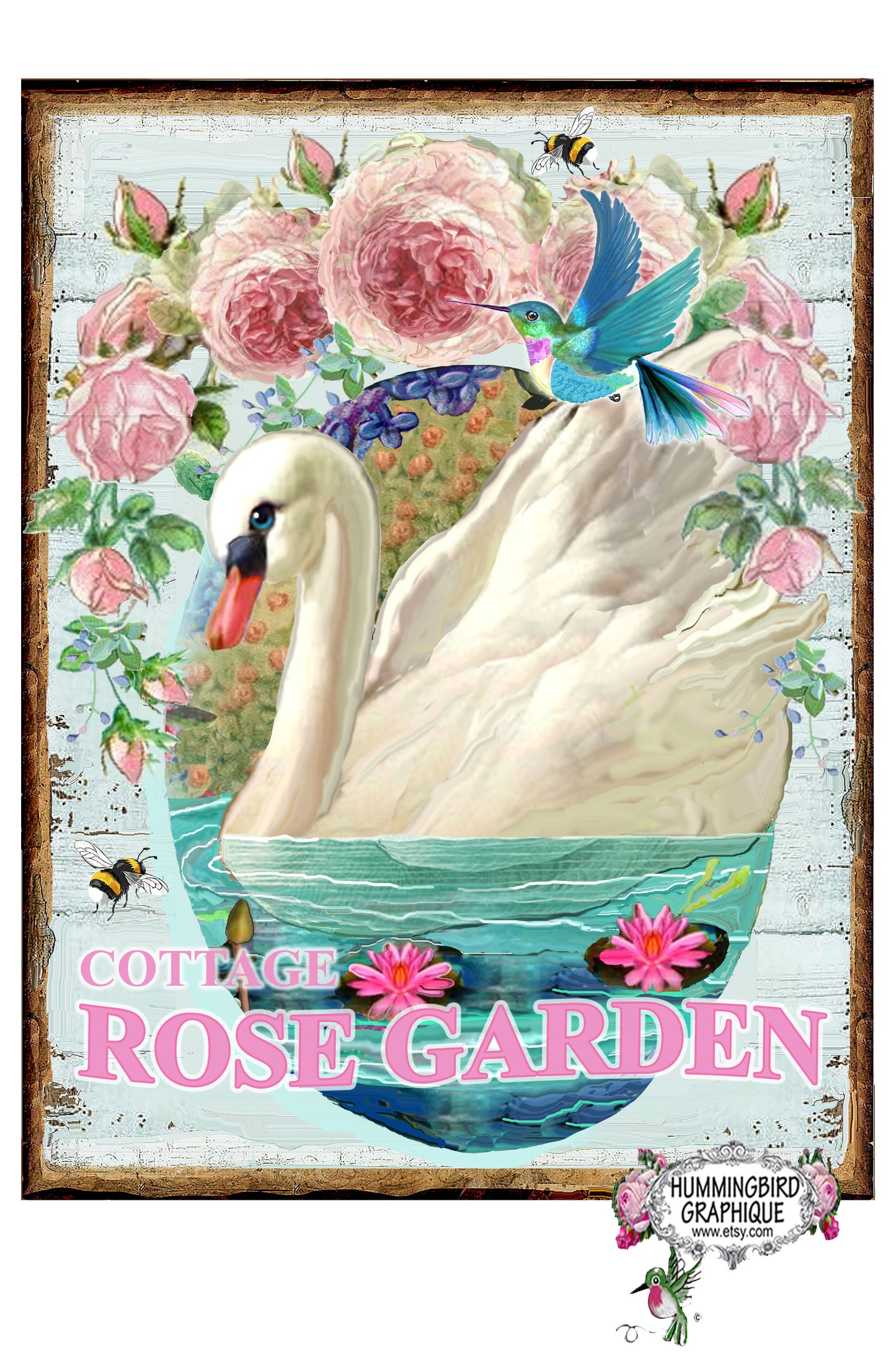 #1006 BEAUTIFUL SWAN WITH HUMMINGBIRD ROSES IN COTTAGE ROSE GARDEN - COUNTRY IMAGE