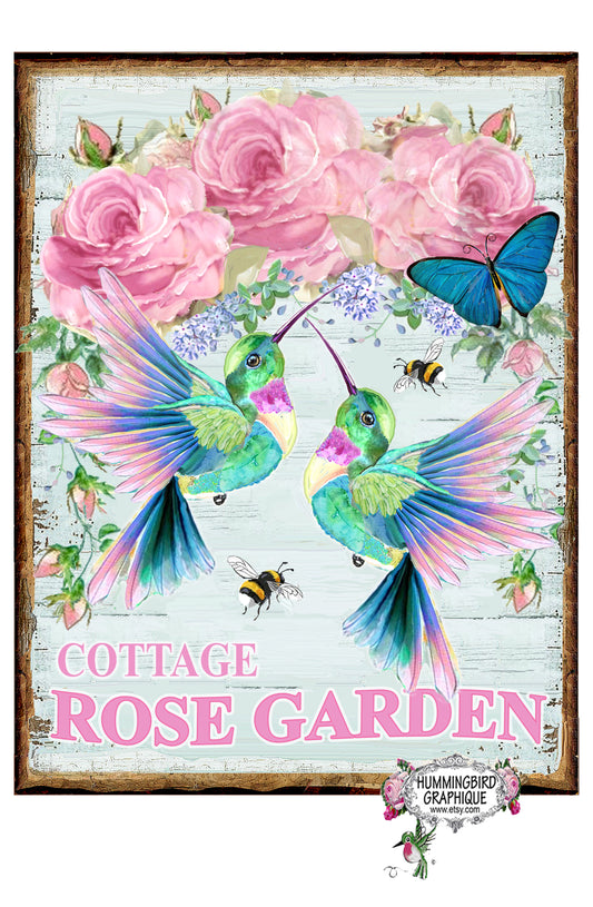 #1007 COTTAGE ROSE GARDEN WITH HUMMINGBIRDS AND ROSES- COUNTRY IMAGE