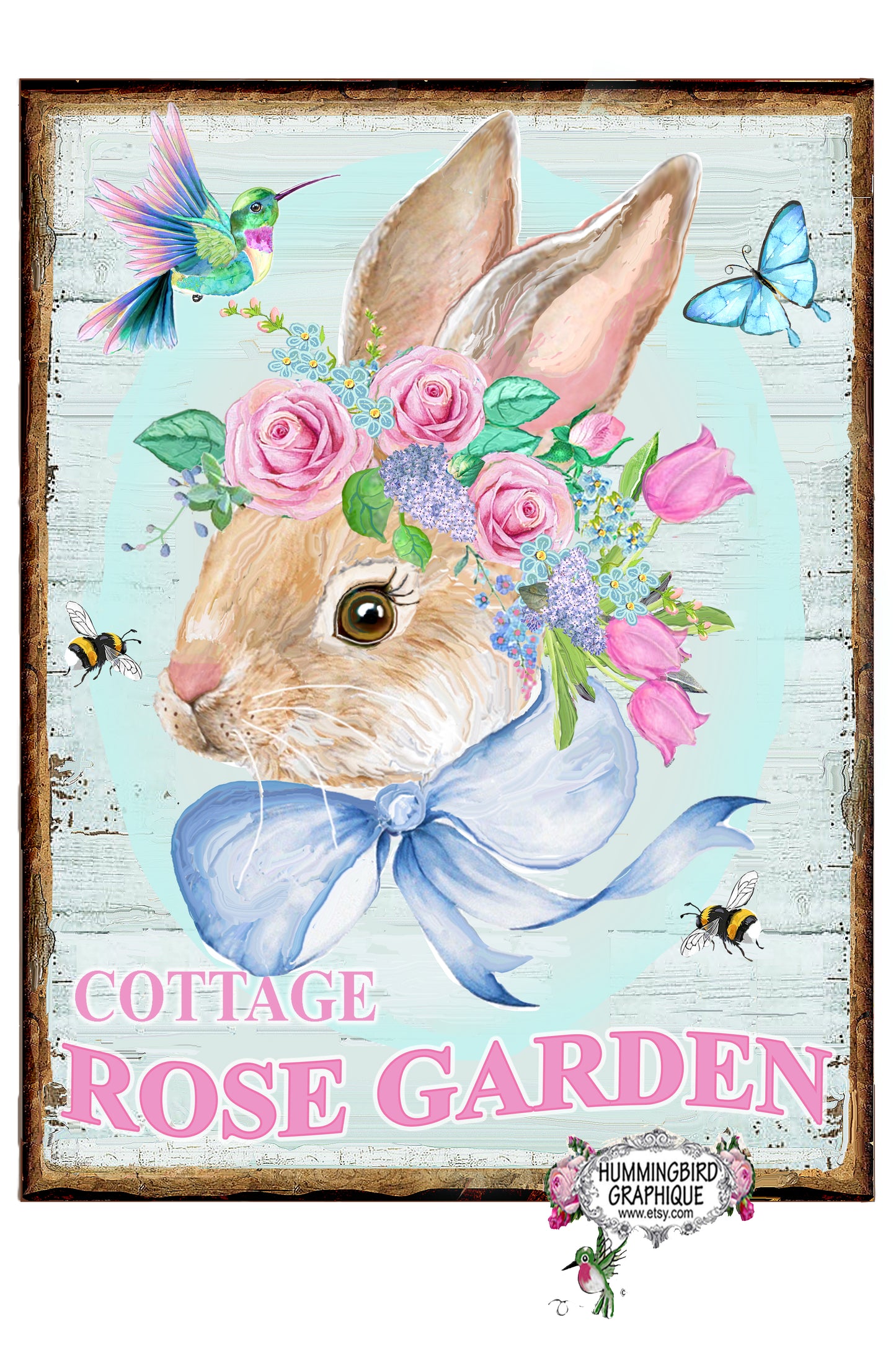 1011CQ COTTAGE ROSE GARDEN CHARMING BUNNY WOOD SIGN - COUNTRY IMAGE