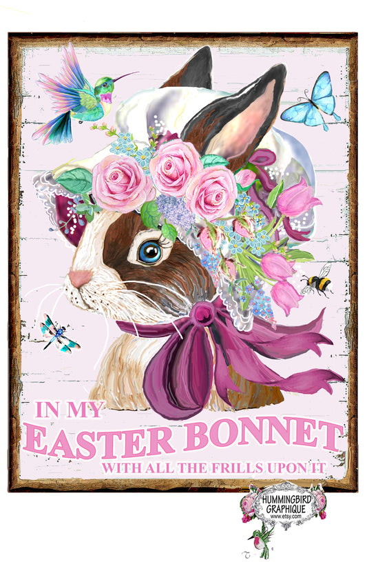 #1014 MRS BUNNY IN HER EASTER BONNET WITH ALL THE FRILLS UPON IT - BUNNIES