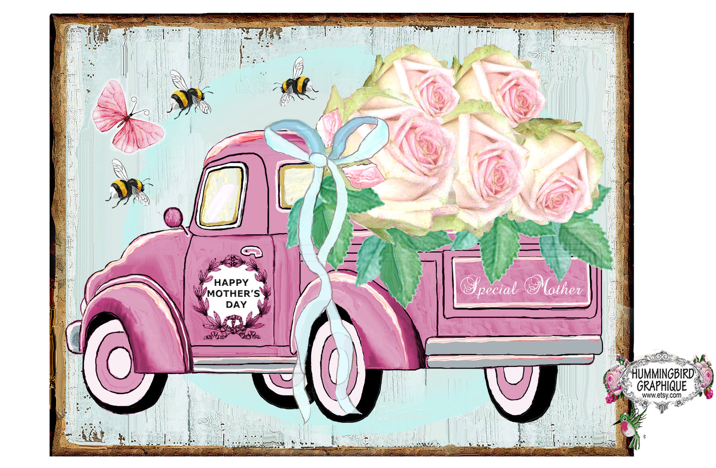 #1019 PINK MOTHERS DAY TRUCK WITH BEAUTIFUL ROSES - COUNTRY IMAGE