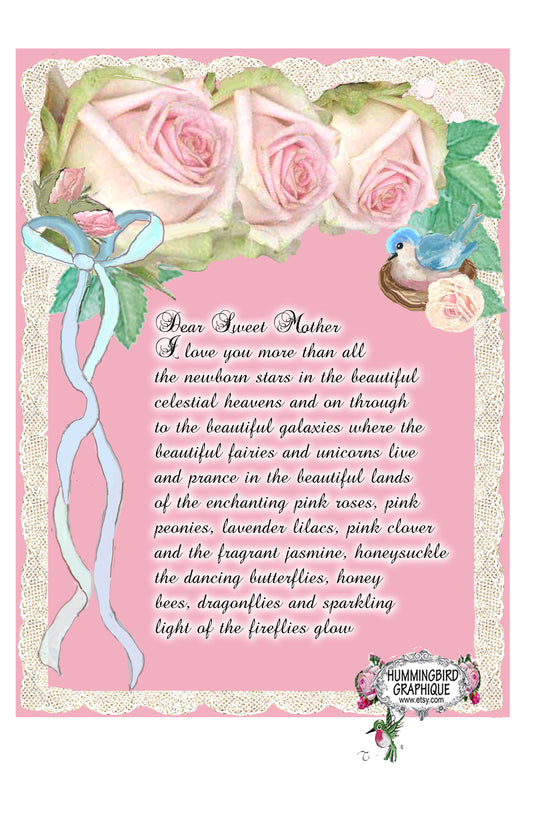 #1020 HERMOSO POEMA A MI QUERIDA DULCE MADRE CON ROSAS - HERMOSA IMAGEN SHABBY