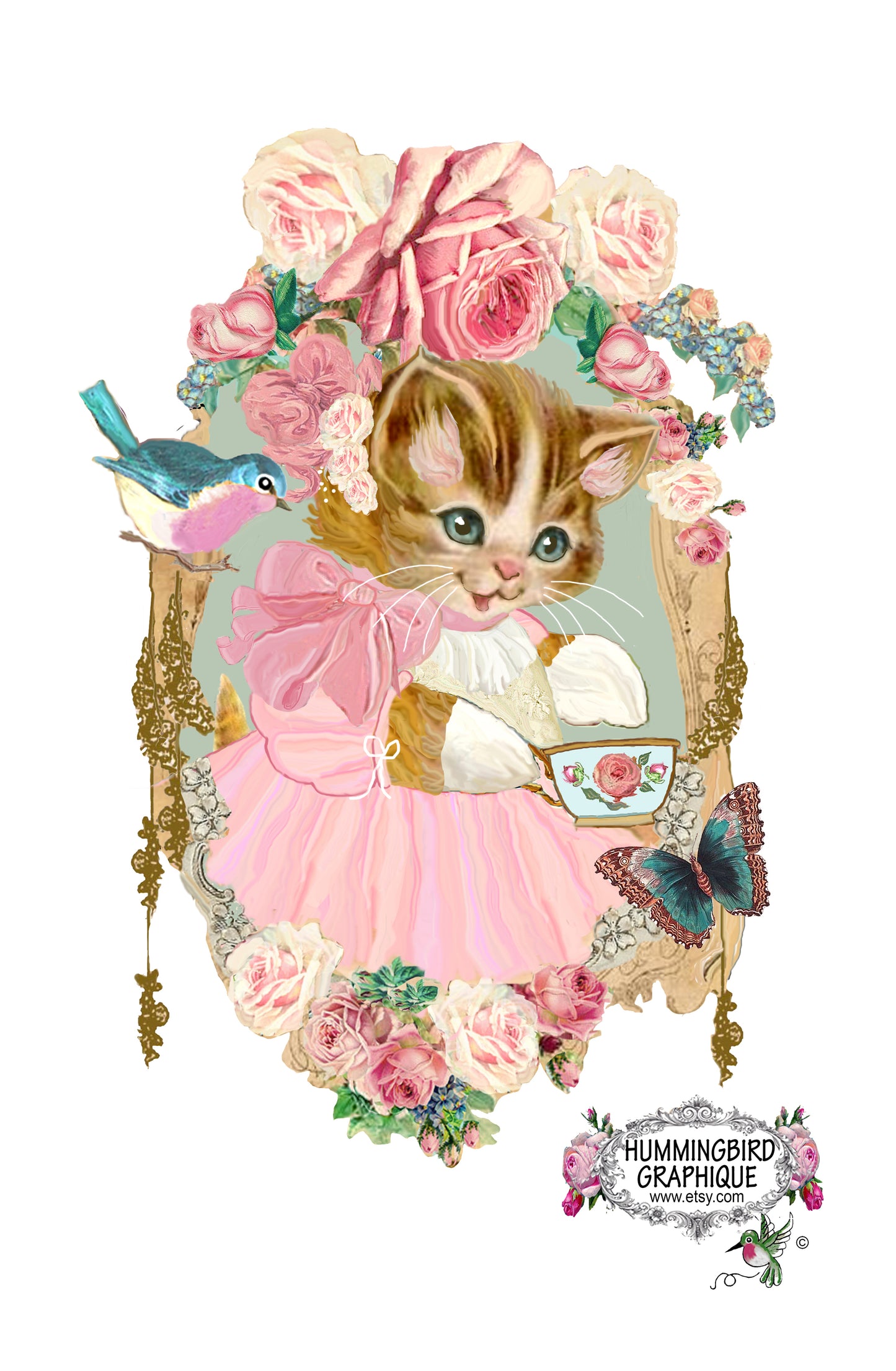 #1057 SWEET KITTEN WITH TEACUP AND BLUEBIRD AND ROSES - ANIMALS