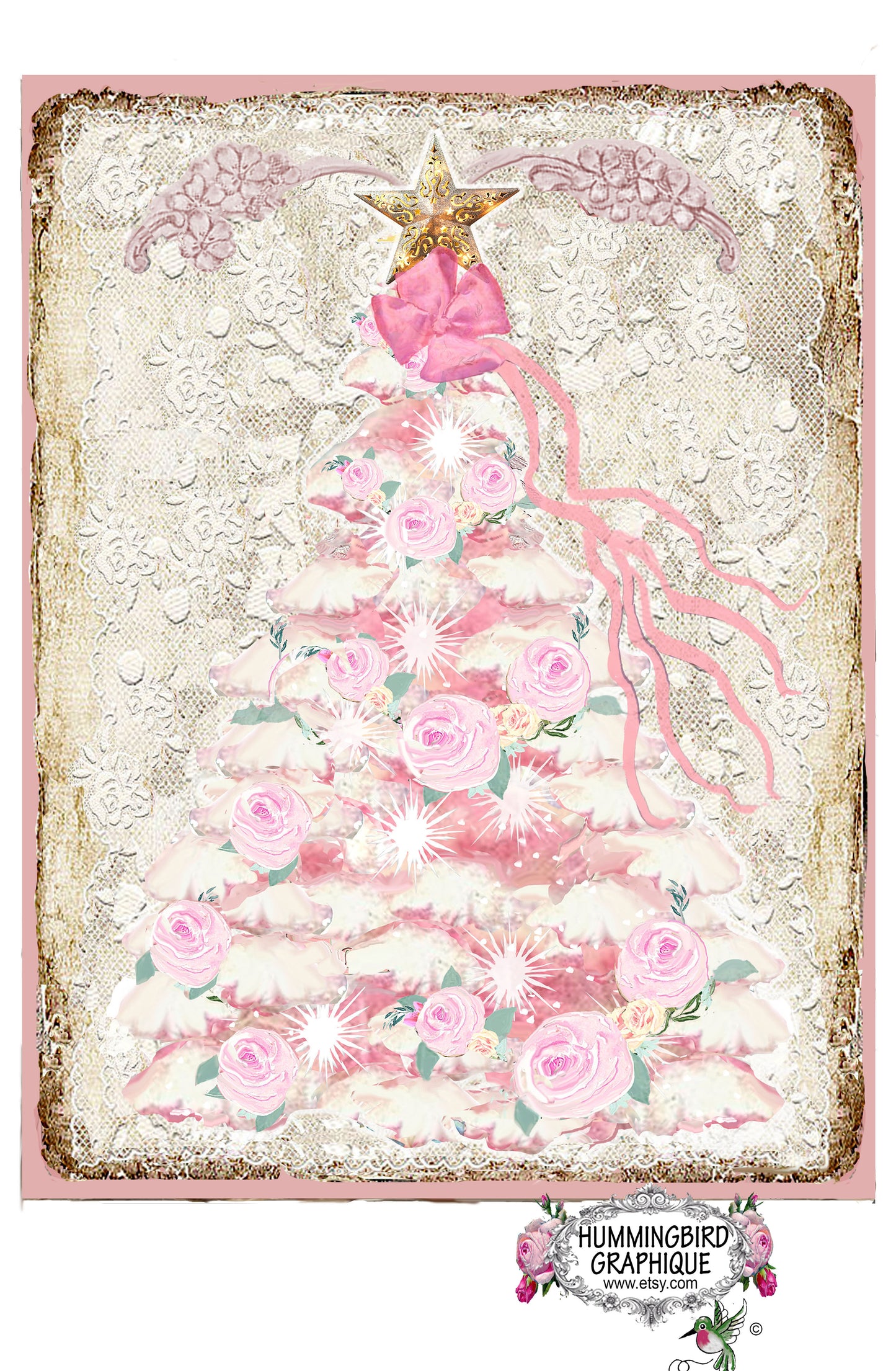 #1059WO BEAUTIFUL PINK CHRISTMAS TREE WITH ROSES ON LACE - CHRISTMAS