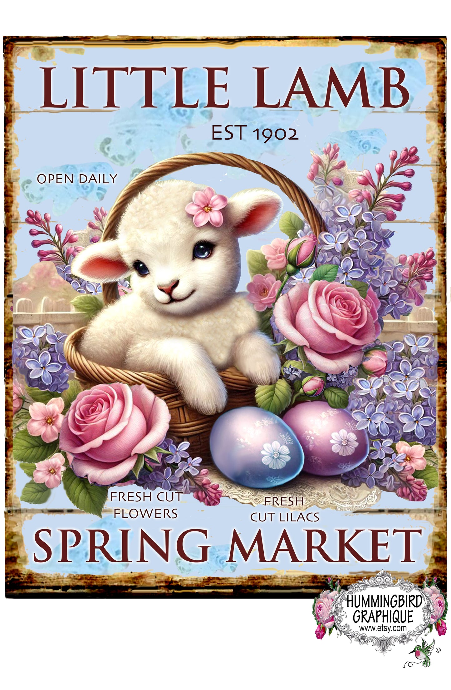 #1087LL COUNTRY LITTLE LAMB WITH ROSES AND LILACS IN EASTER BASKET WOOD SPRING MARKET SIGN- COUNTRY