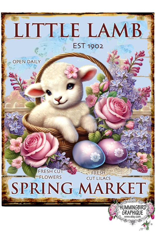 #1087LL COUNTRY LITTLE LAMB WITH ROSES AND LILACS IN EASTER BASKET WOOD SPRING MARKET SIGN- COUNTRY