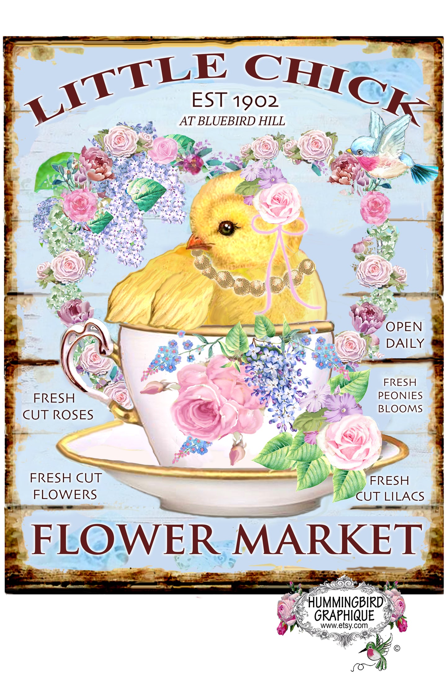 #1091A  LITTLE CHICK FLOWER MARKET FRESH CUT PEONIES SIGN - COUNTRY IMAGE