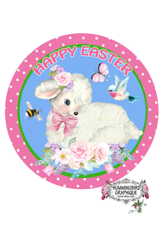 #1092 LITTLE LAMB HAPPY EASTER CIRCLE DOOR HANGER SIGN - DOOR HANGER