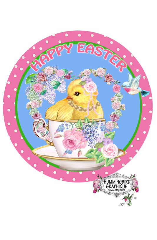 #1093 LITTLE CHICK IN TEACUP HAPPY EASTER CIRCLE DOOR HANGER SIGN - DOOR HANGER