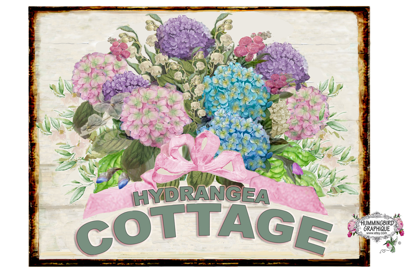 #1096 BEAUTIFUL HYDRANGEA COTTAGE WOOD BOARD SIGN - COUNTRY IMAGE