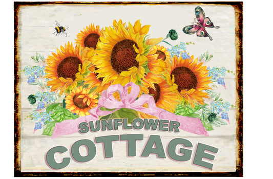 #1097 BEAUTIFUL SUNFLOWER COTTAGE WOODEN BOARD SIGN - COUNTRY IMAGE