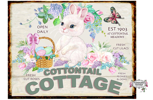 #1098 PRECIOUS COTTONTAIL COTTAGE WITH EASTER BASKET AND ROSES- COUNTRY IMAGE