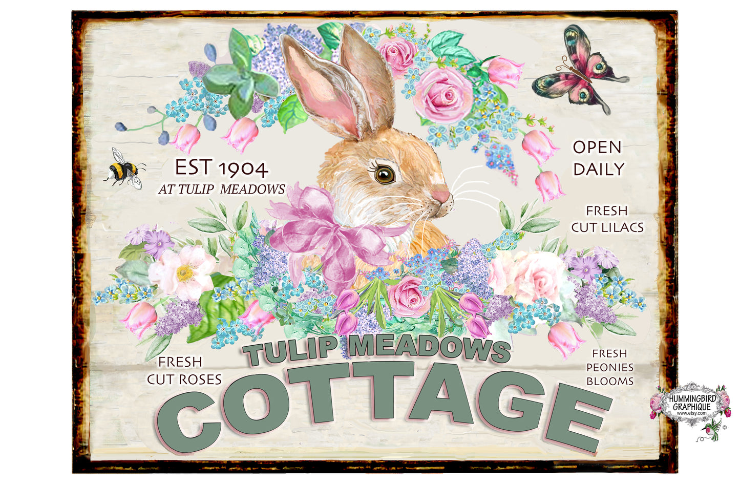 #1100 TULIP MEADOWS COTTAGE WOODEN BOARD SIGN - COUNTRY IMAGE