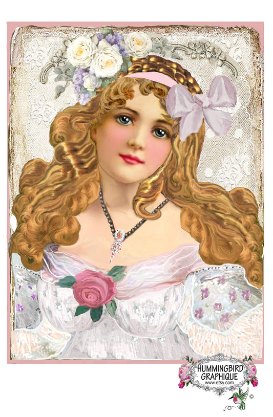 #1104D HERMOSA DAMA VICTORIANA CON ROSAS BLANCAS - HERMOSA IMAGEN SHABBY