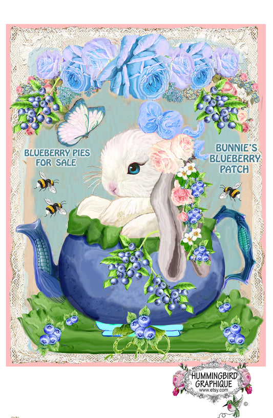 #1116 PRECIOUS BABY BUNNY IN BLUEBERRY TEAPOT WITH BLUEBERRIES SIGN - BUNNIES