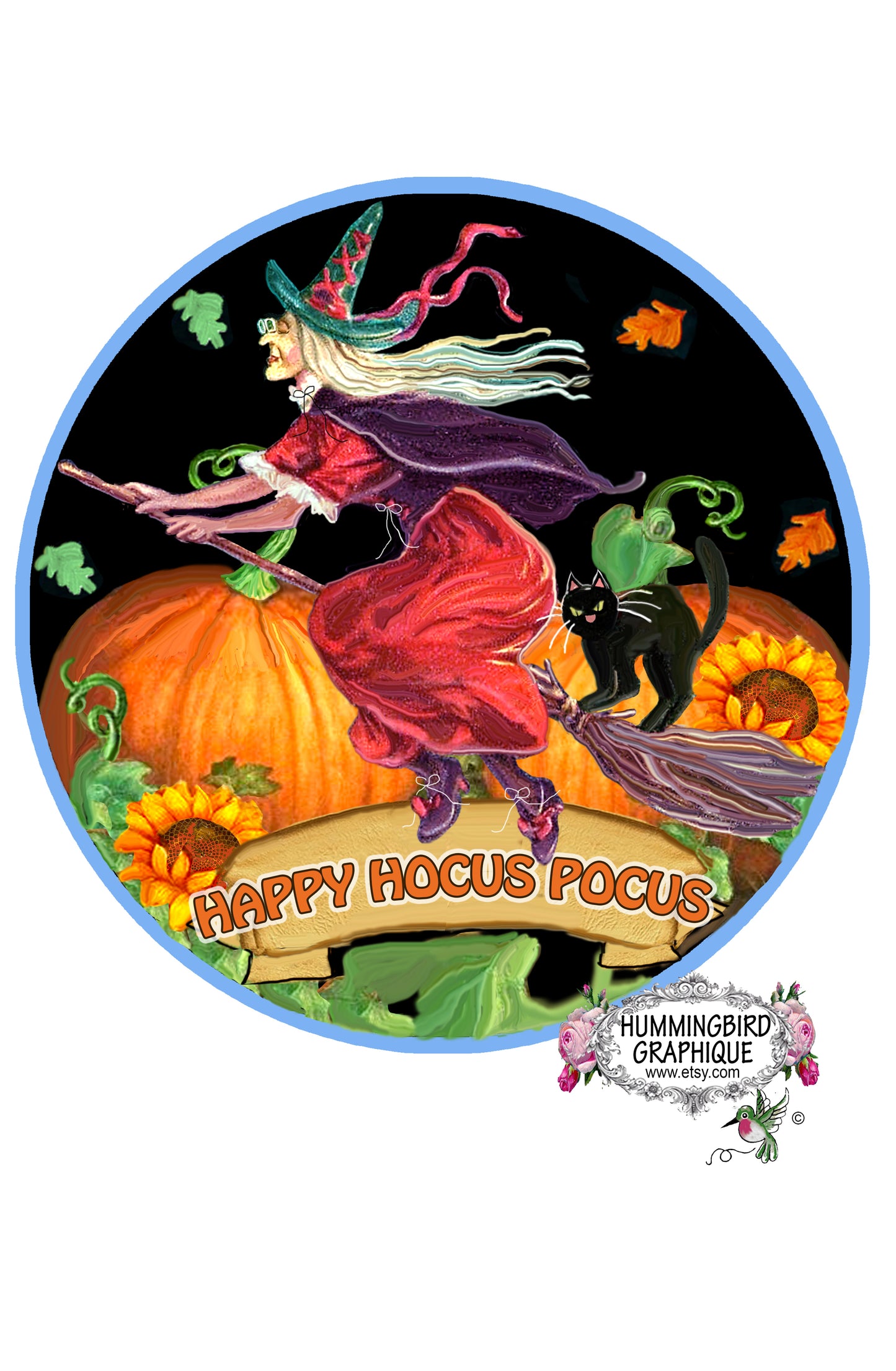 #1135 HAPPY HOCUS POCUS WITCHIE FLYING ON HER BROOM- DOOR HANGER