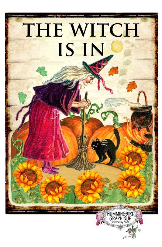 #1139 THE WITCH IS IN WITH HER BLACK CAT AND CAULDRON - DOOR HANGER