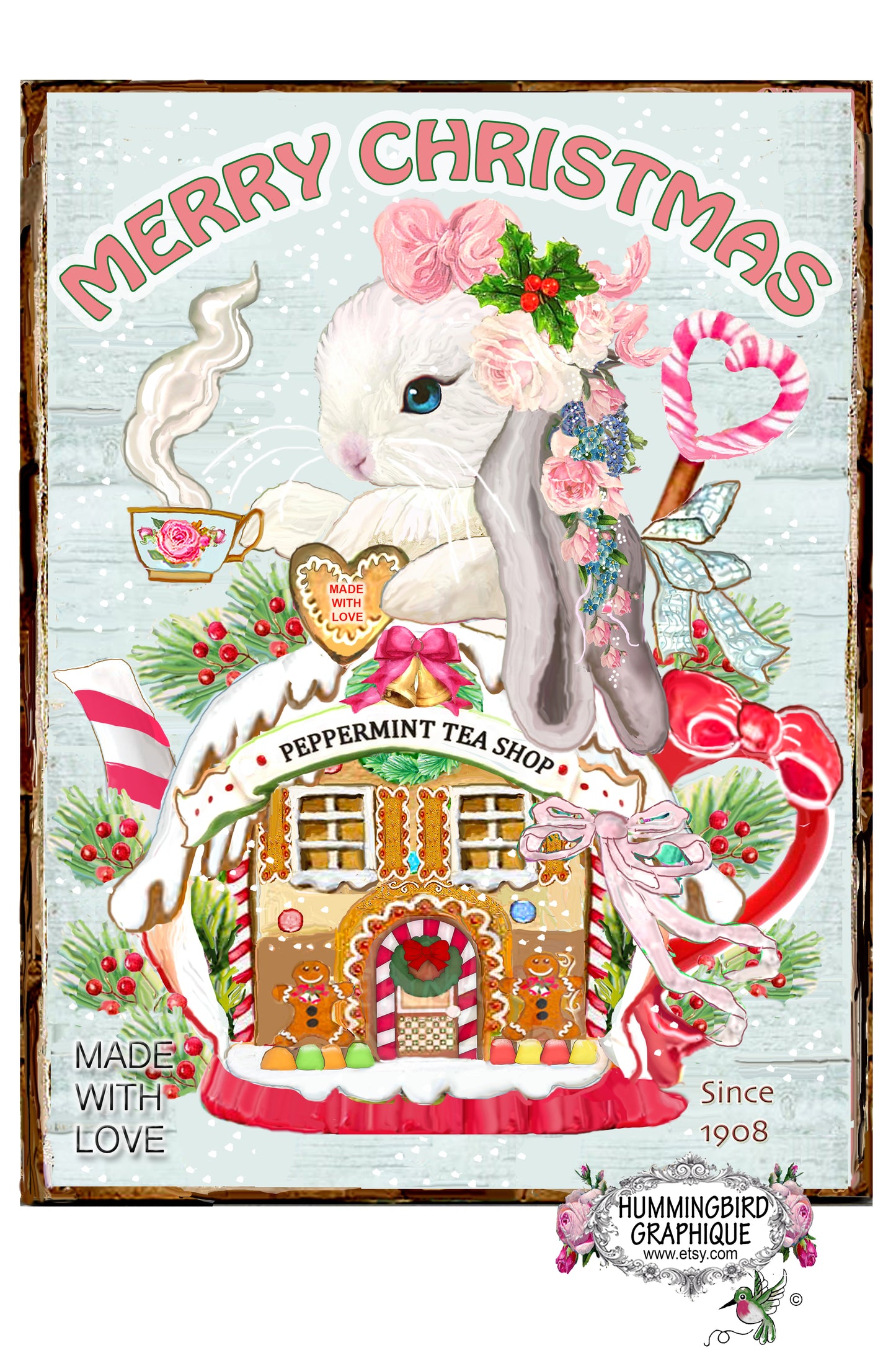 1141D BABY BUNNY IN GINGERBREAD TEAPOT WITH TEACUP AND COOKIES - CHRISTMAS