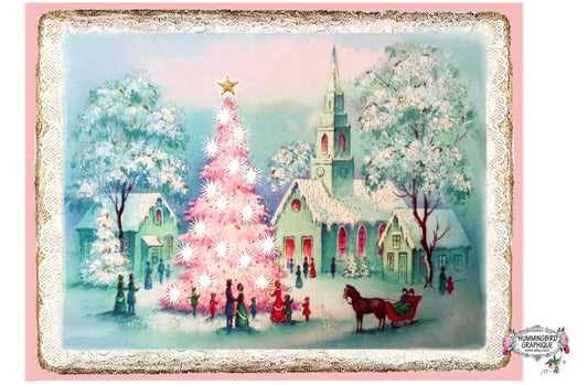 #1153 BEAUTIFUL SNOWY EVENING WITH PINK CHRISTMAS TREE IN VILLAGE TOWN - CHRISTMAS