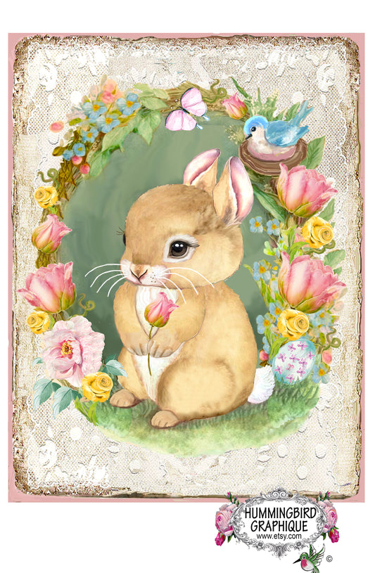 #1172 PRECIOUS BABY BUNNY WITH BLUEBIRD TULIPS AND DAFFODILS- BUNNIES