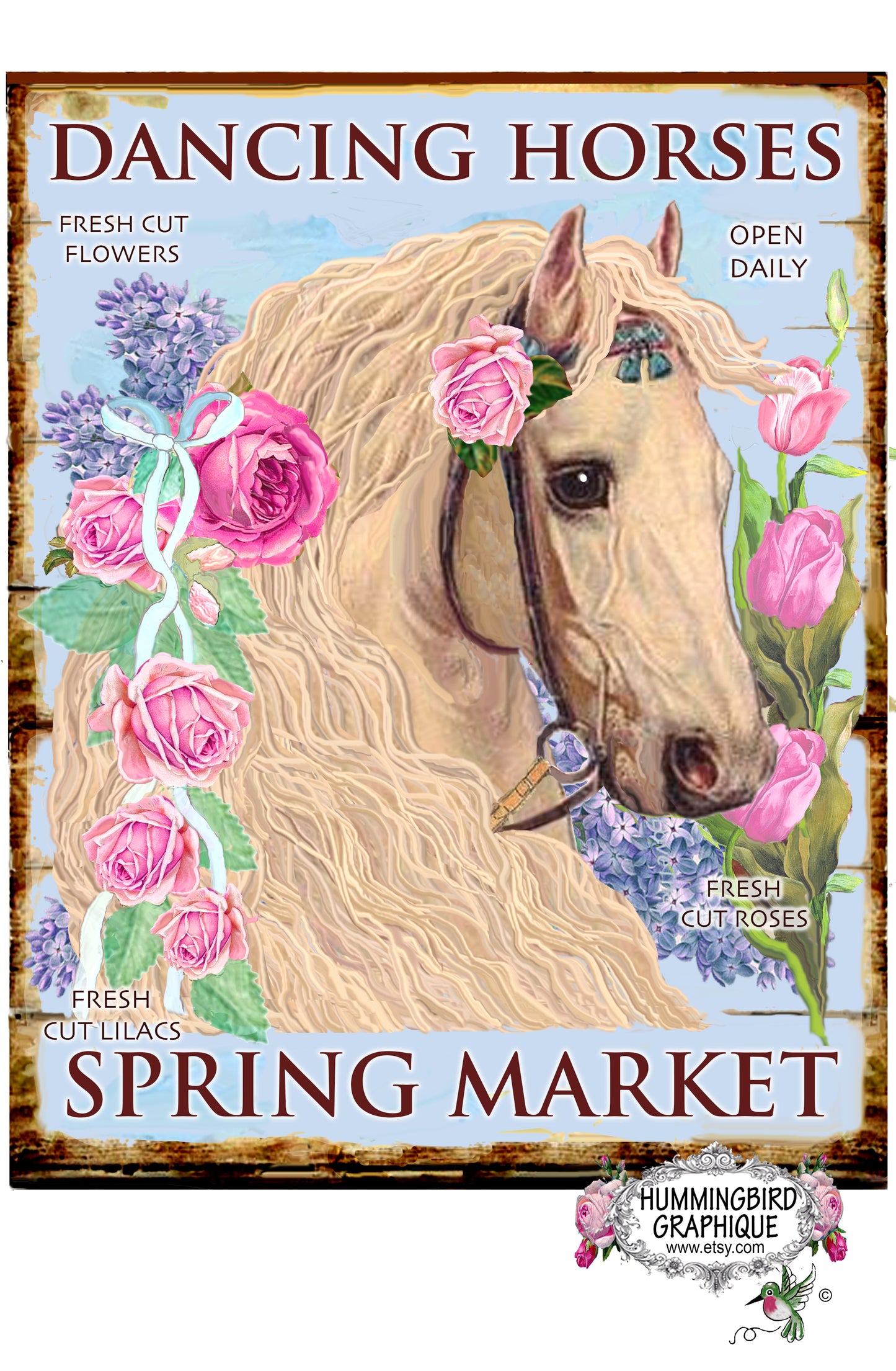 #1176 DANCING HORSES SPRING MARKET WOODEN SIGN - COUNTRY IMAGE