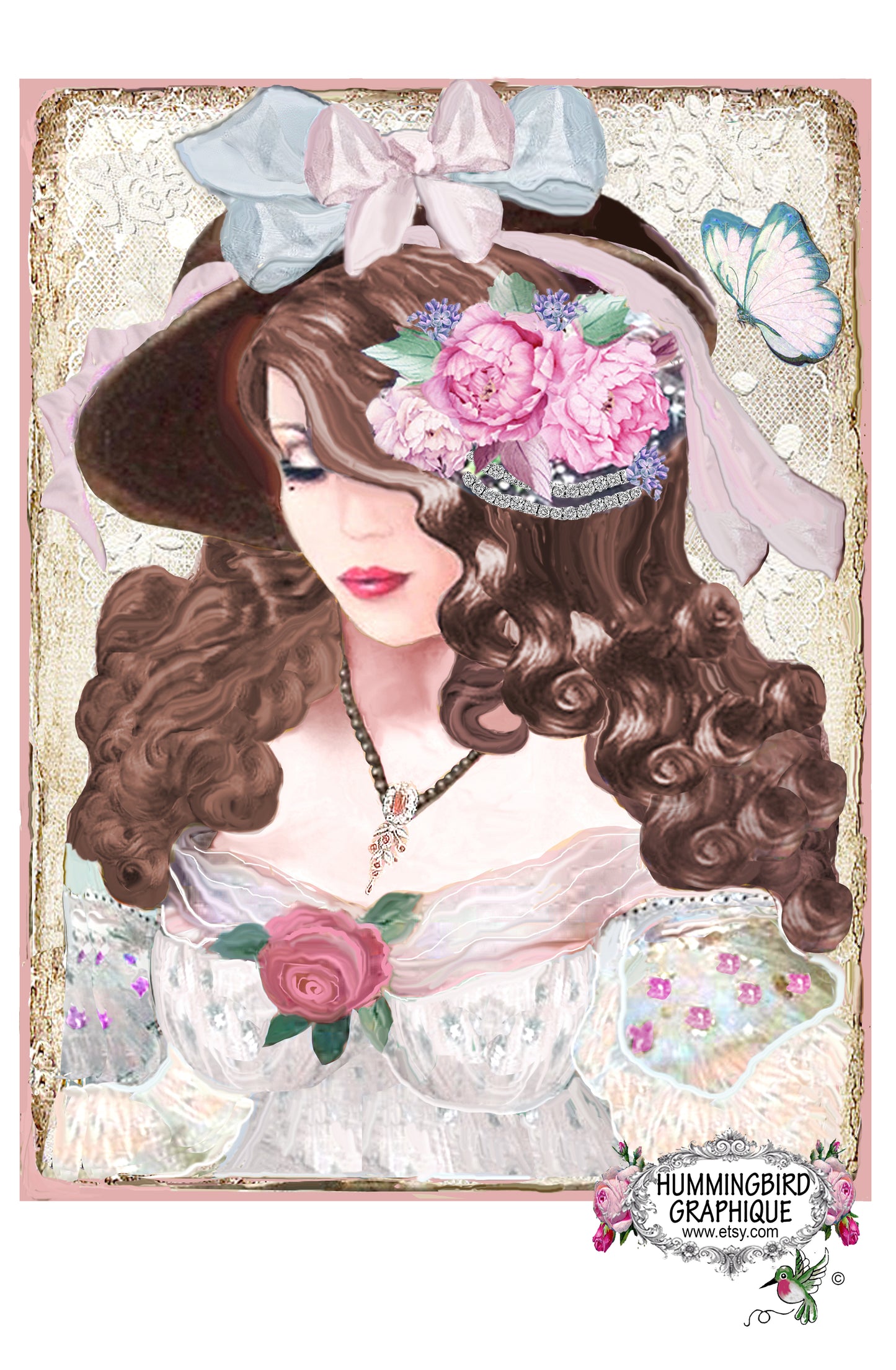 #1177 HERMOSA DAMA ELEGANTE CON SOMBRERO Y PEONÍAS - HERMOSA IMAGEN SHABBY