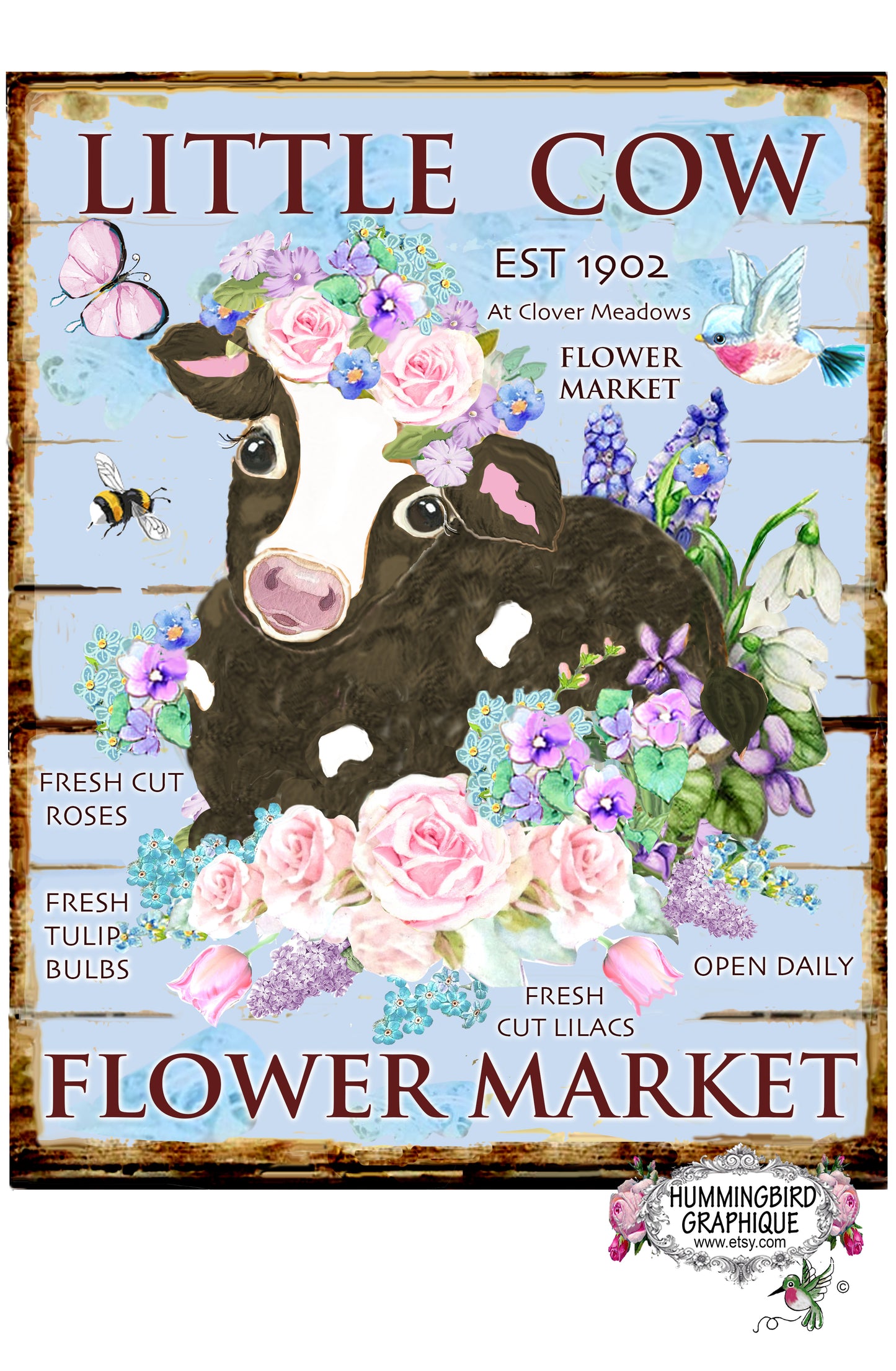 #1178 LITTLE COW FLOWER MARKET FRESH TULIIP BULBS WOODEN SIGN - COUNTRY IMAGE